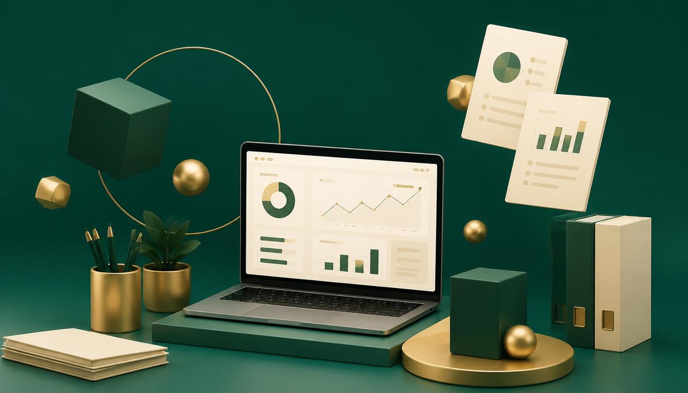 Escritorio virtual organizado con gráficos, documentos y elementos de gestión empresarial
